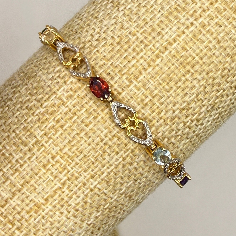 PAJ BB Gold Tone Multi Gemstone Heart Link Bracelet Romantic Y2K
